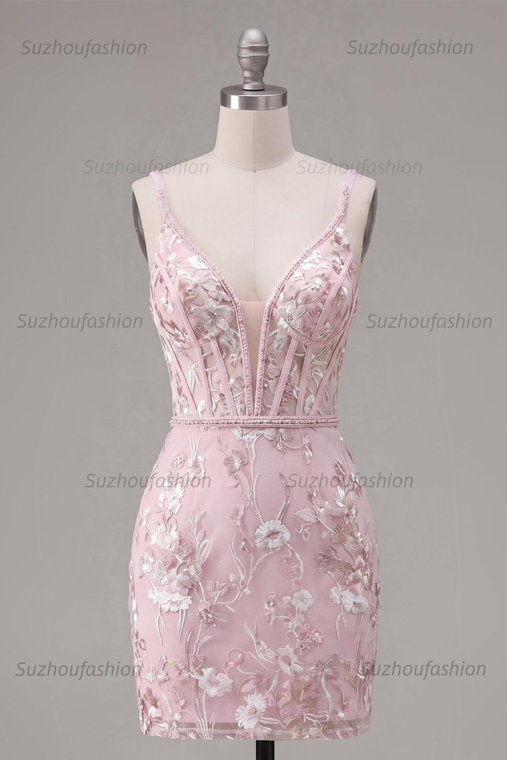 Suzhoufashion Pink Floral V-Neck Beaded Tight Short Corset Homecoming Dress