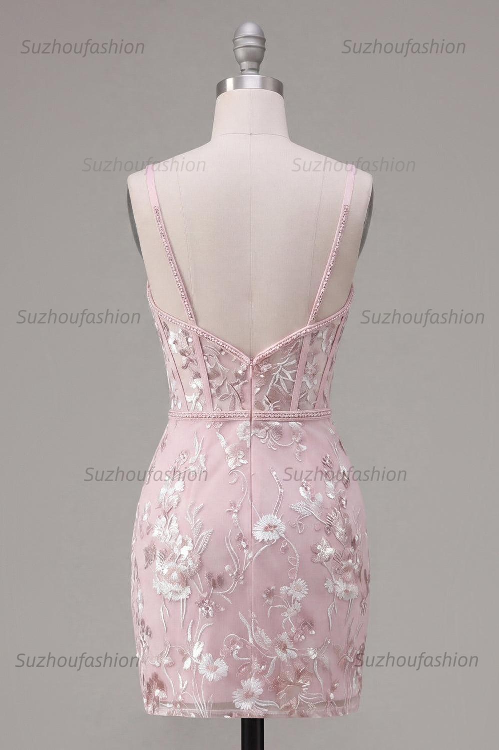 Suzhoufashion Pink Floral V-Neck Beaded Tight Short Corset Homecoming Dress