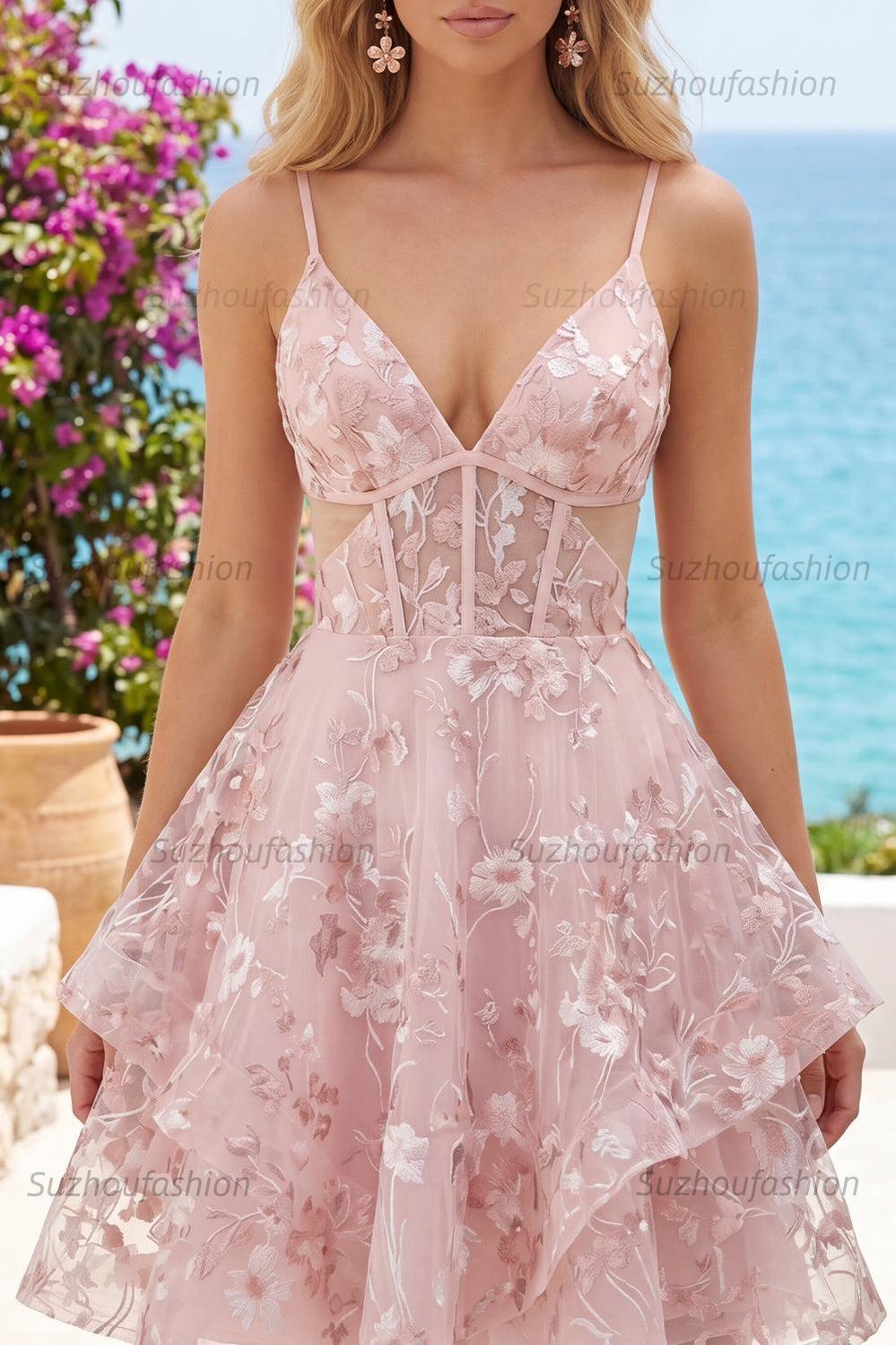 Suzhoufashion Pink Floral V-Neck Cut-Out Ruffled A-Line Corset Short Homecoming Dress