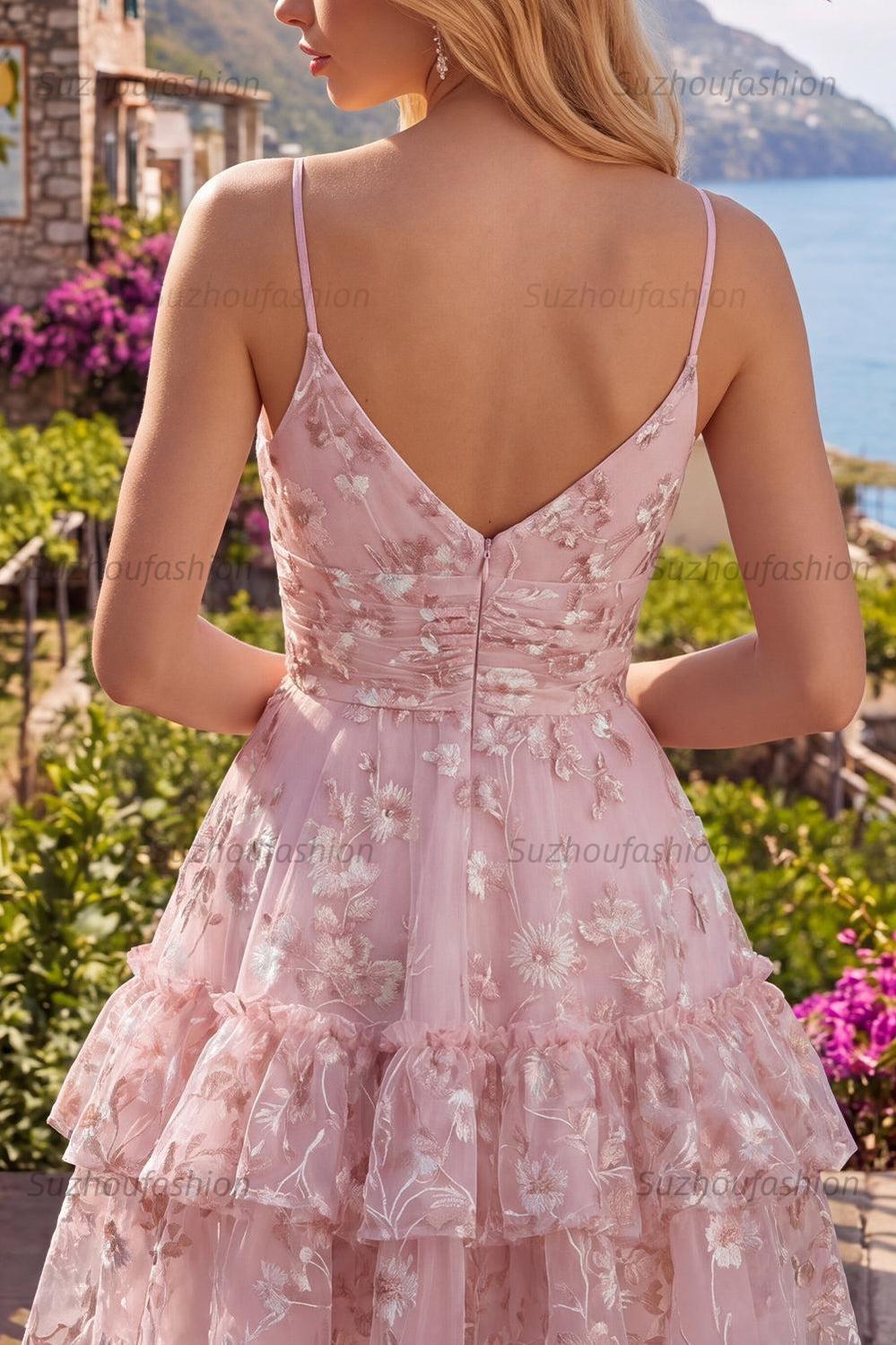 Suzhoufashion Pink Floral V-Neck Ruched Tiered Ruffled A-Line Short Homecoming Dress