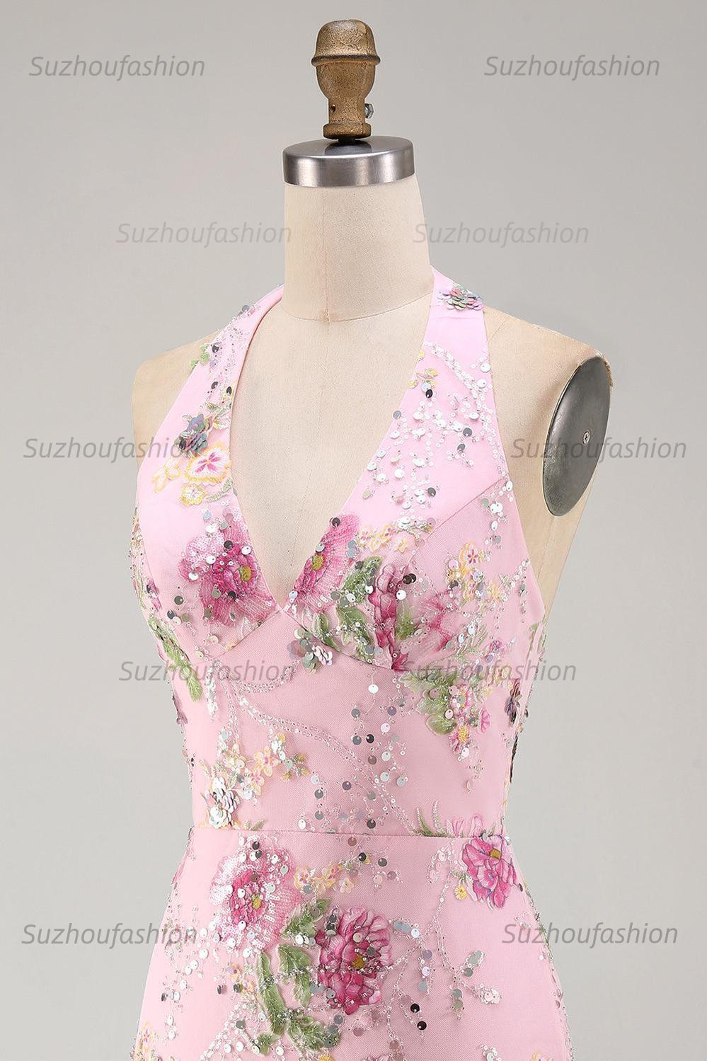 Suzhoufashion Pink Halter Floral Beaded Backless Tight Short Homecoming Dress