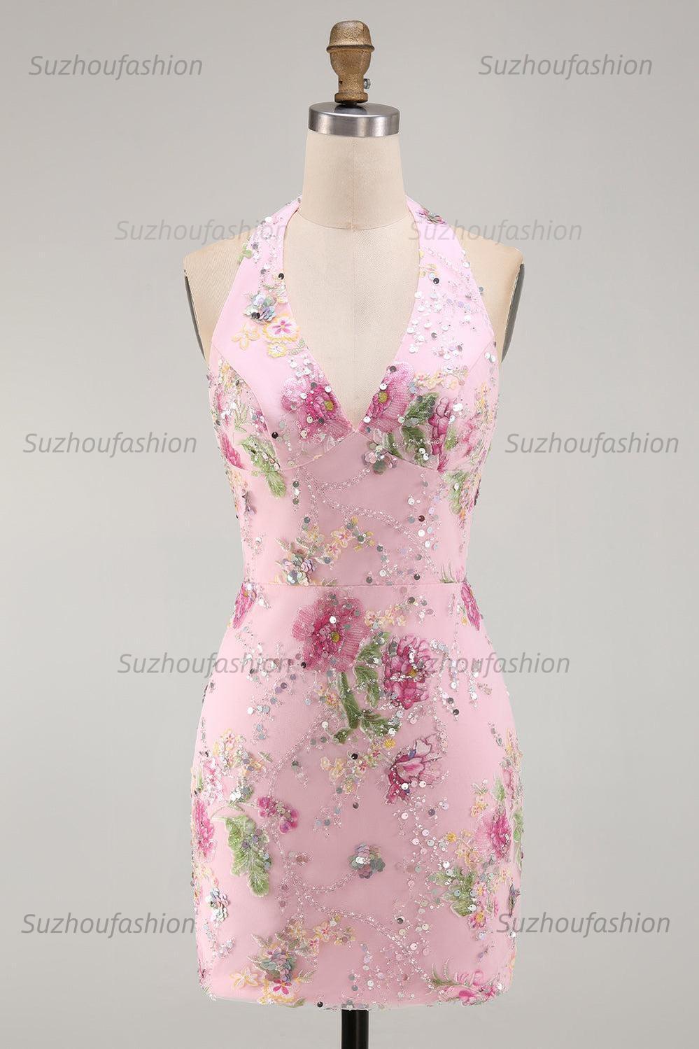 Suzhoufashion Pink Halter Floral Beaded Backless Tight Short Homecoming Dress