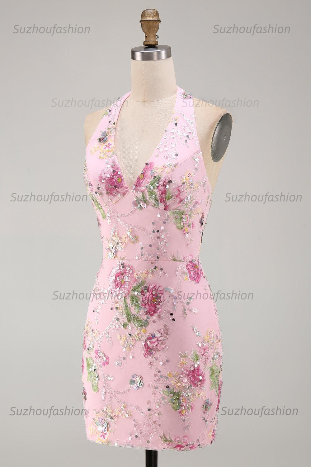 Suzhoufashion Pink Halter Floral Beaded Backless Tight Short Homecoming Dress