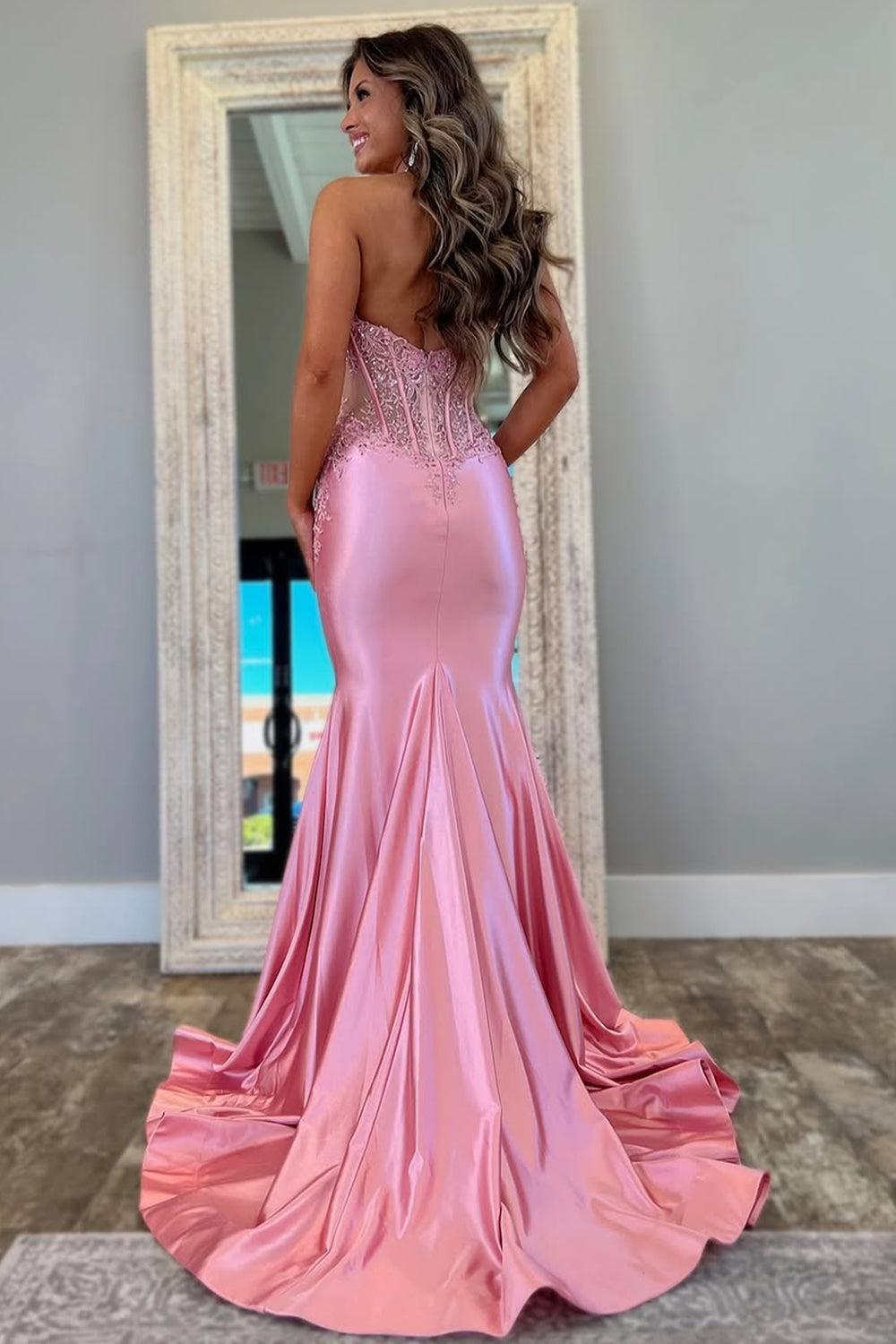 Suzhoufashion Pink Mermaid Prom Dress With Deep V-Neck Backless Long Satin And Appliques Formal Evening Gown