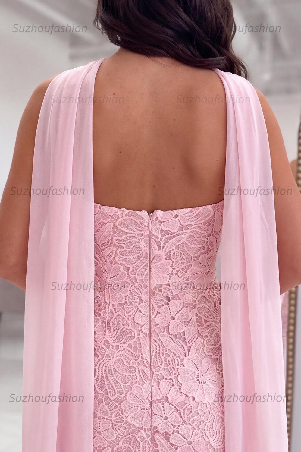 Suzhoufashion Pink Neck Scarf Lace Tight Strapless Short Homecoming Dress