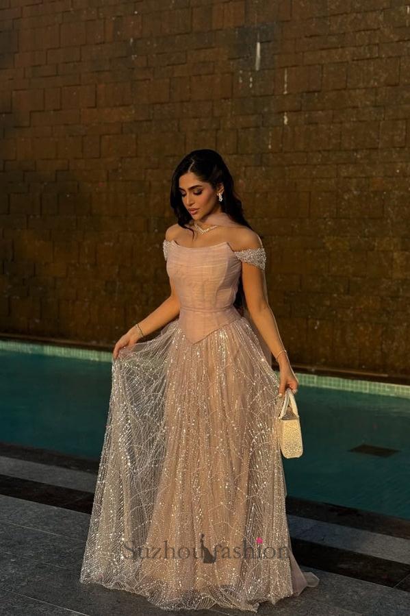 Suzhoufashion Pink Off The Shoulder Beaded Formal Dress Sequined Tulle A Line Prom Evening Gown