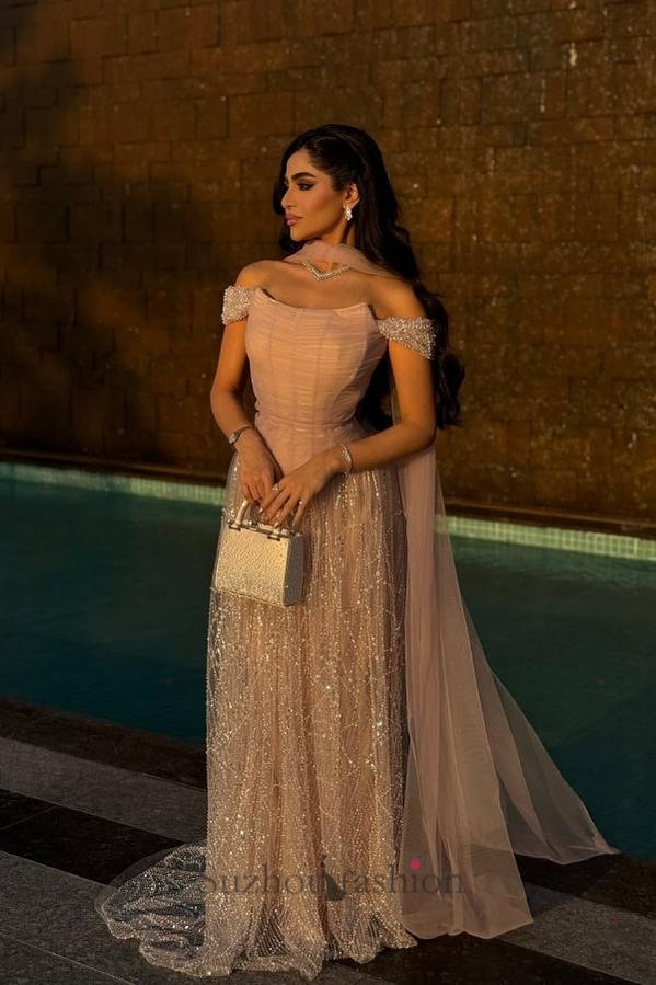 Suzhoufashion Pink Off The Shoulder Beaded Formal Dress Sequined Tulle A Line Prom Evening Gown