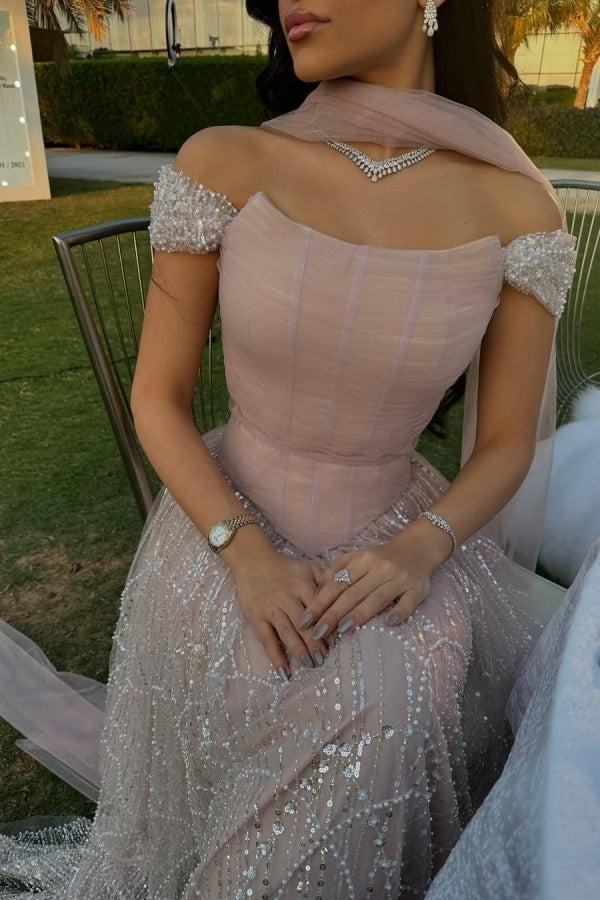 Suzhoufashion Pink Off The Shoulder Beaded Formal Dress Sequined Tulle A Line Prom Evening Gown
