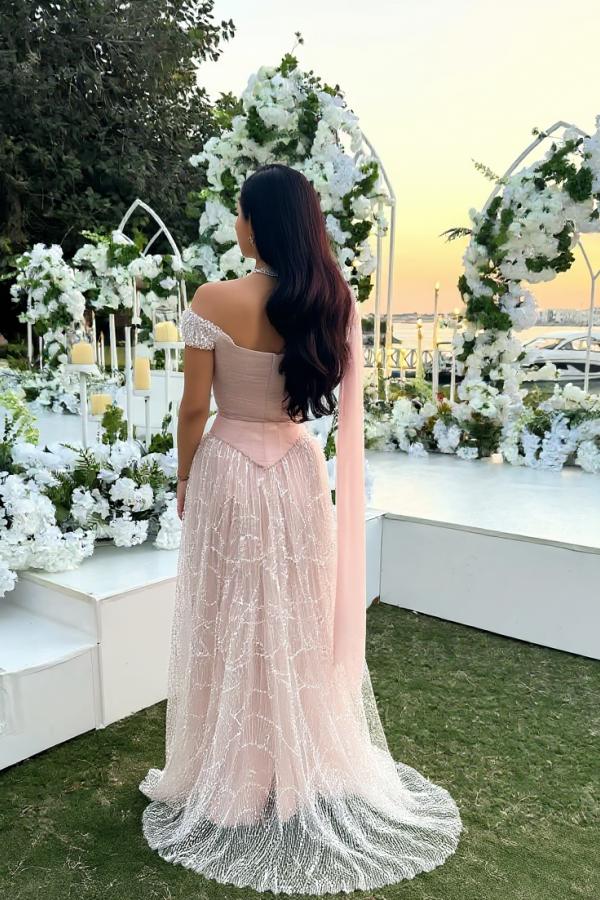 Suzhoufashion Pink Off The Shoulder Beaded Formal Dress Sequined Tulle A Line Prom Evening Gown