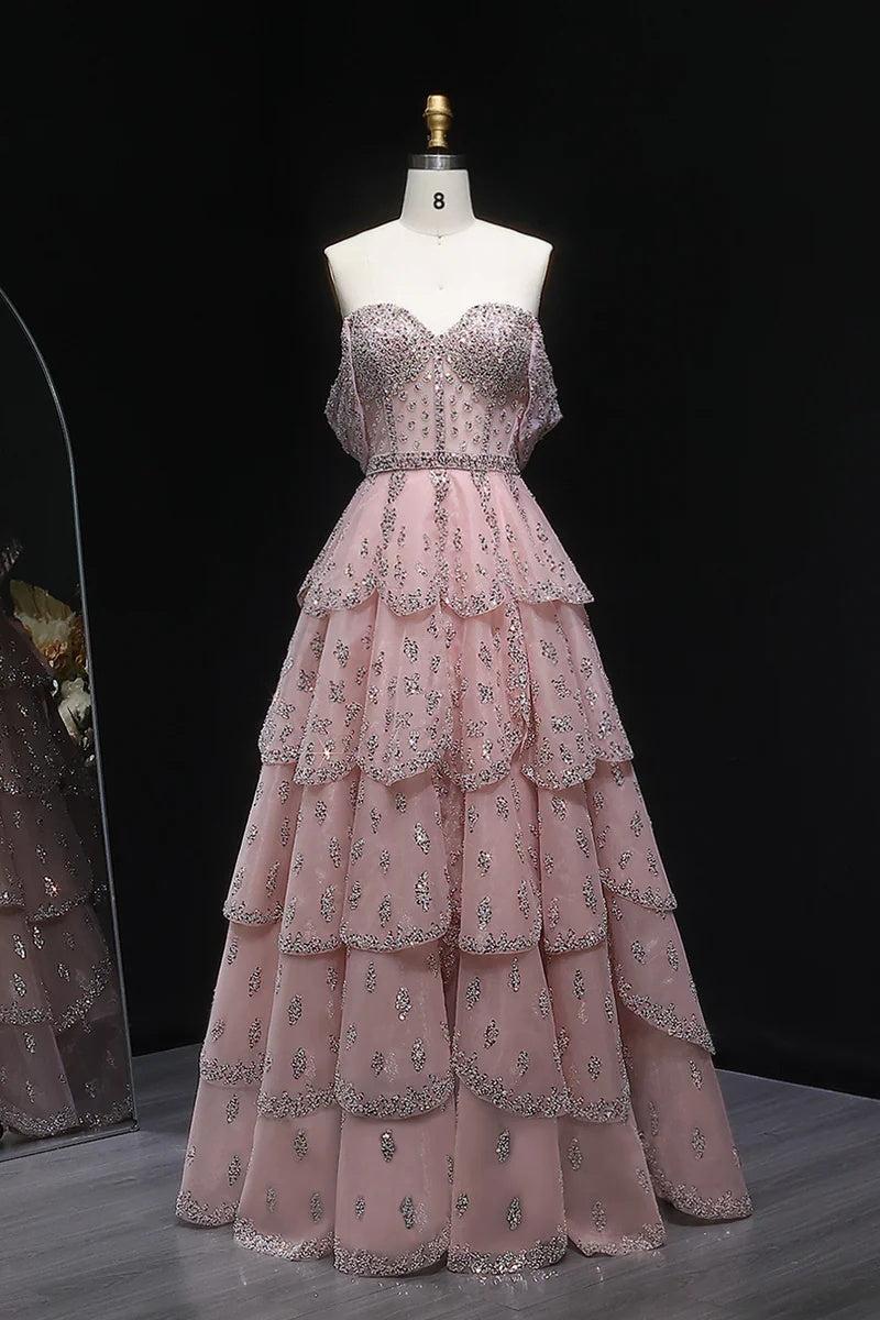 Suzhoufashion Pink Off The Shoulder Prom Dress A Line Tiered Beaded Formal Dress