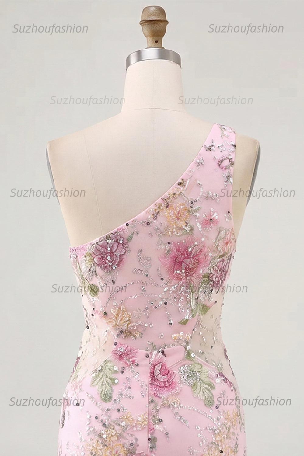 Suzhoufashion Pink One-Shoulder Floral Beaded Tight Short Homecoming Dress