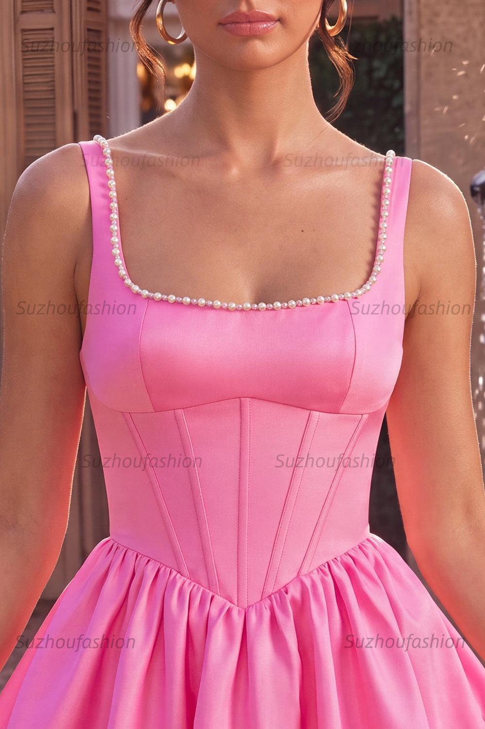 Suzhoufashion Pink Satin A-Line Corset Beaded Short Homecoming Dress