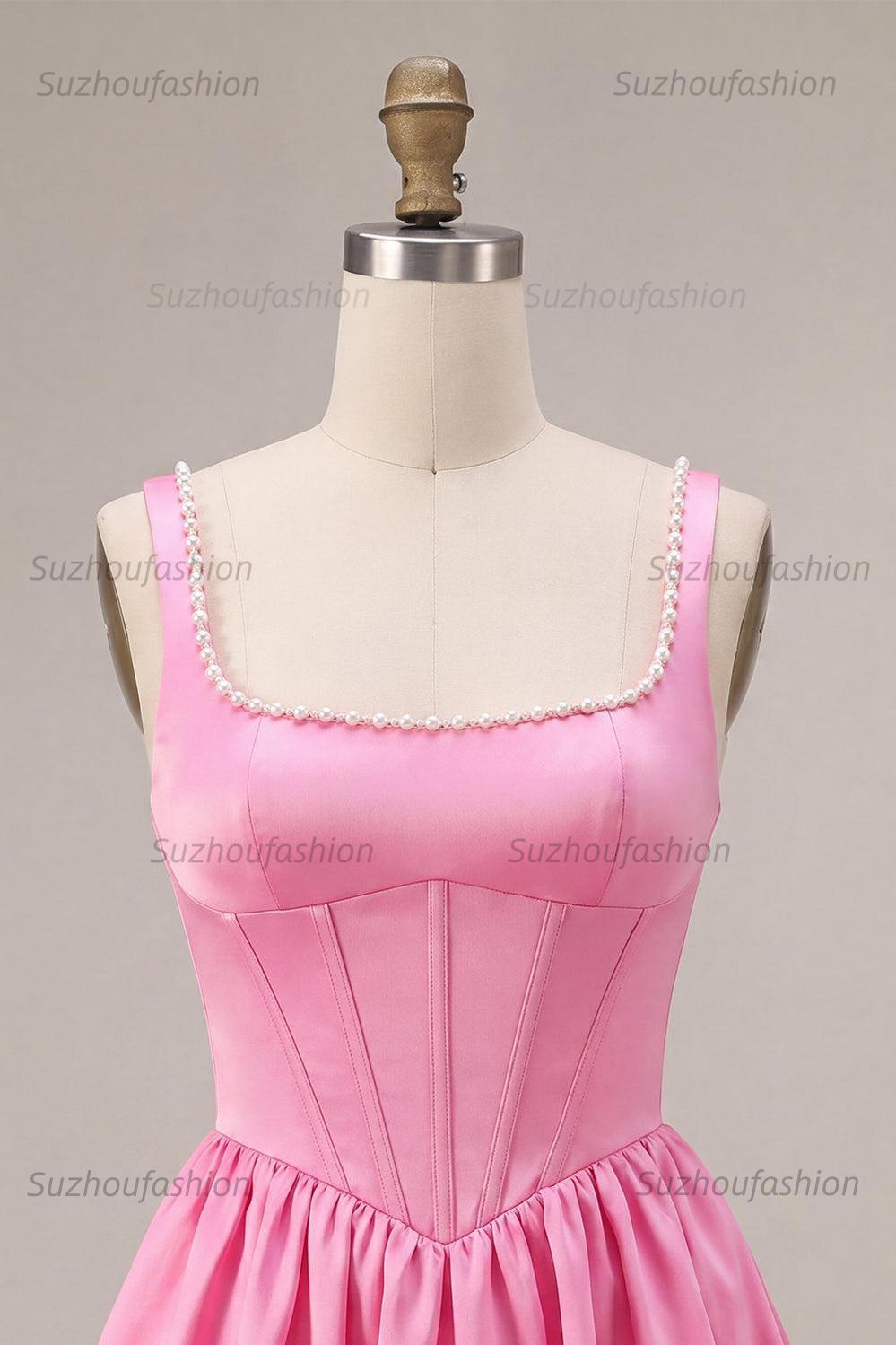 Suzhoufashion Pink Satin A-Line Corset Beaded Short Homecoming Dress