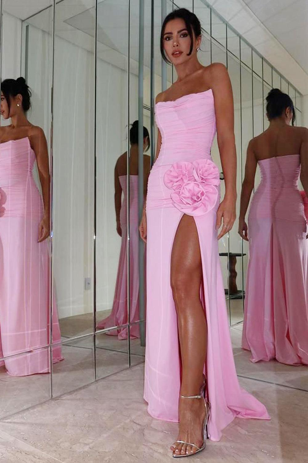 Suzhoufashion Pink Satin Mermaid Prom Dress With Strapless Bodice Pleated Skirt And 3D Floral Accent Formal Evening Gown