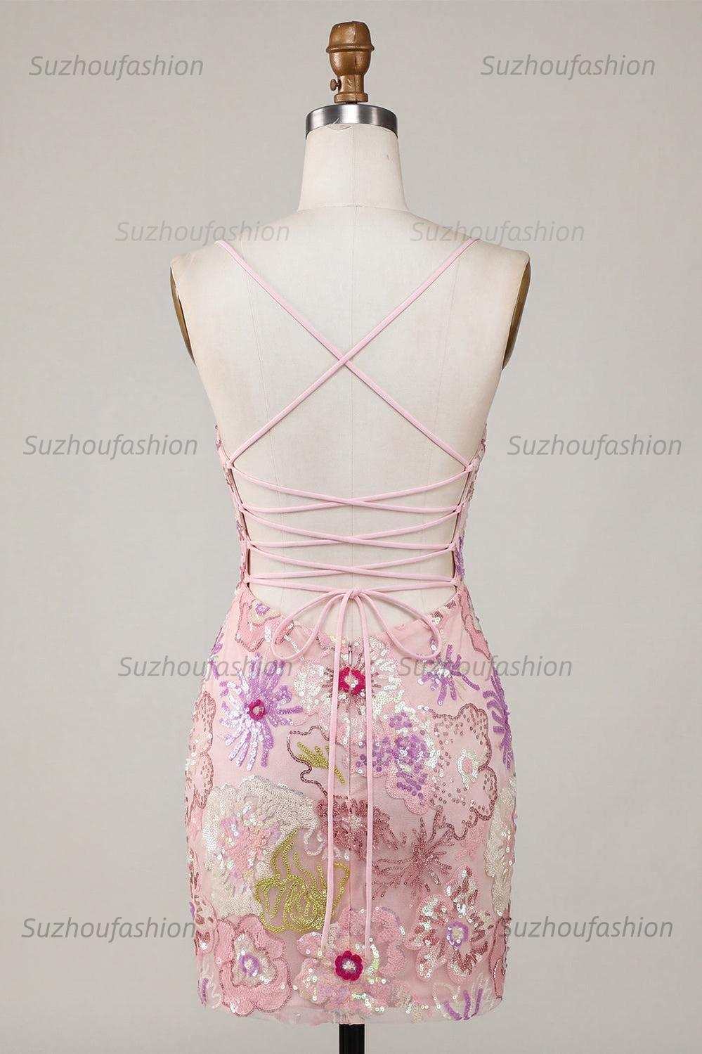 Suzhoufashion Pink Sequin Floral Spaghetti Straps Tight Short Homecoming Dress