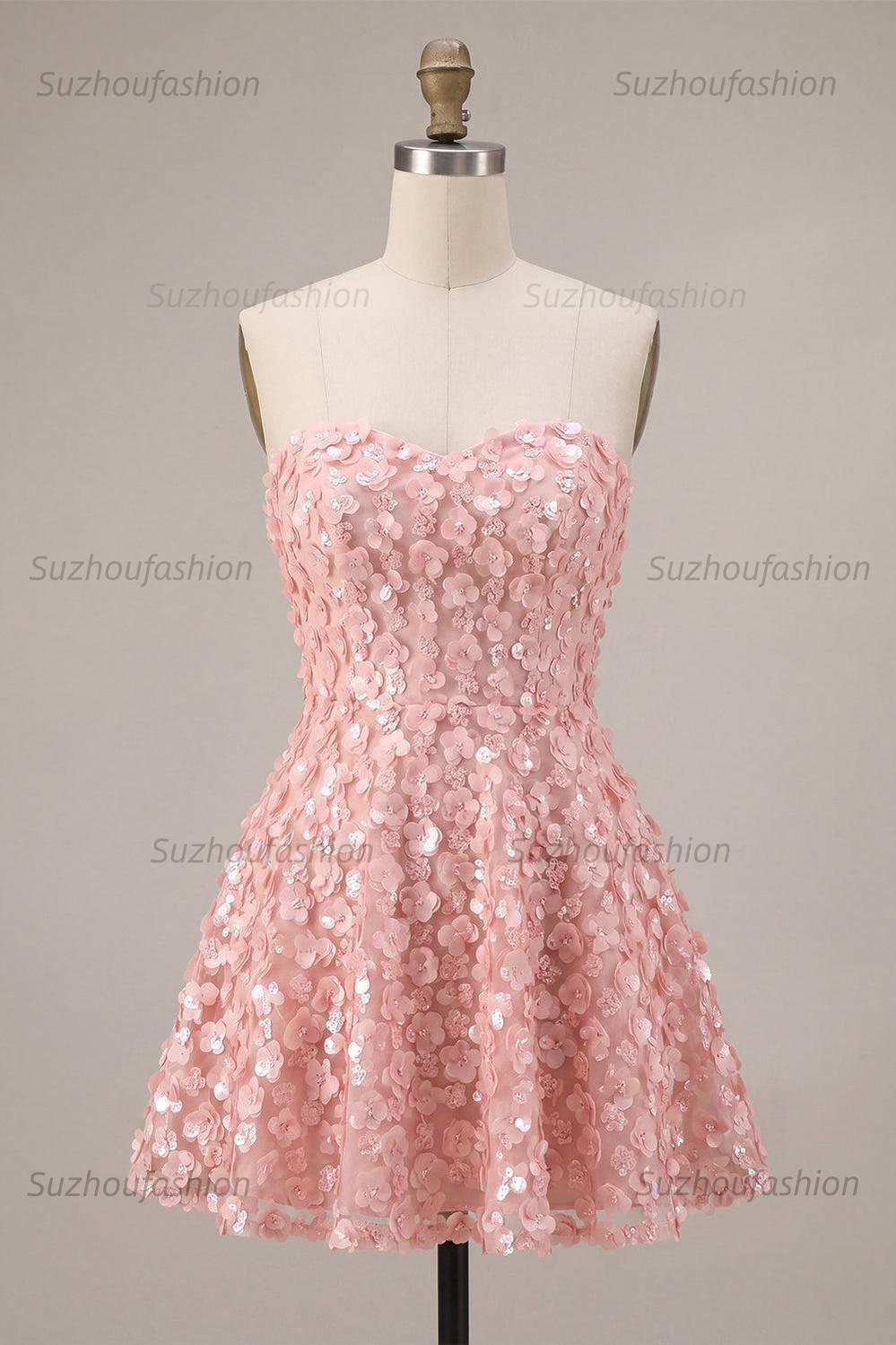 Suzhoufashion Pink Sequins Floral Strapless A Line Short Homecoming Dress