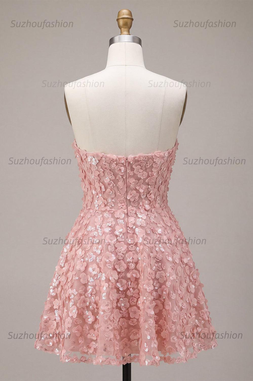 Suzhoufashion Pink Sequins Floral Strapless A Line Short Homecoming Dress