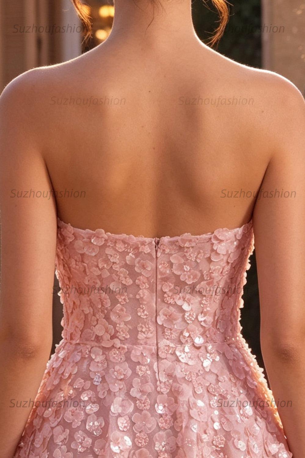 Suzhoufashion Pink Sequins Floral Strapless A Line Short Homecoming Dress