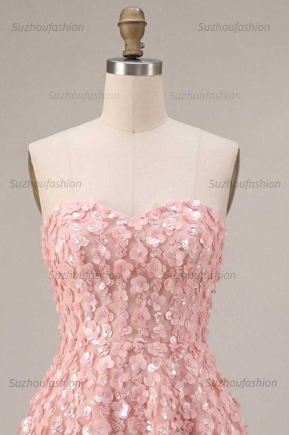 Suzhoufashion Pink Sequins Floral Strapless A Line Short Homecoming Dress