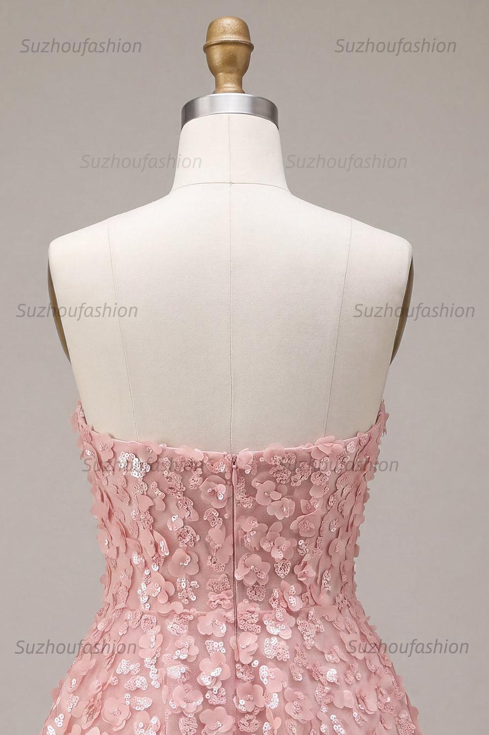 Suzhoufashion Pink Sequins Floral Strapless A Line Short Homecoming Dress