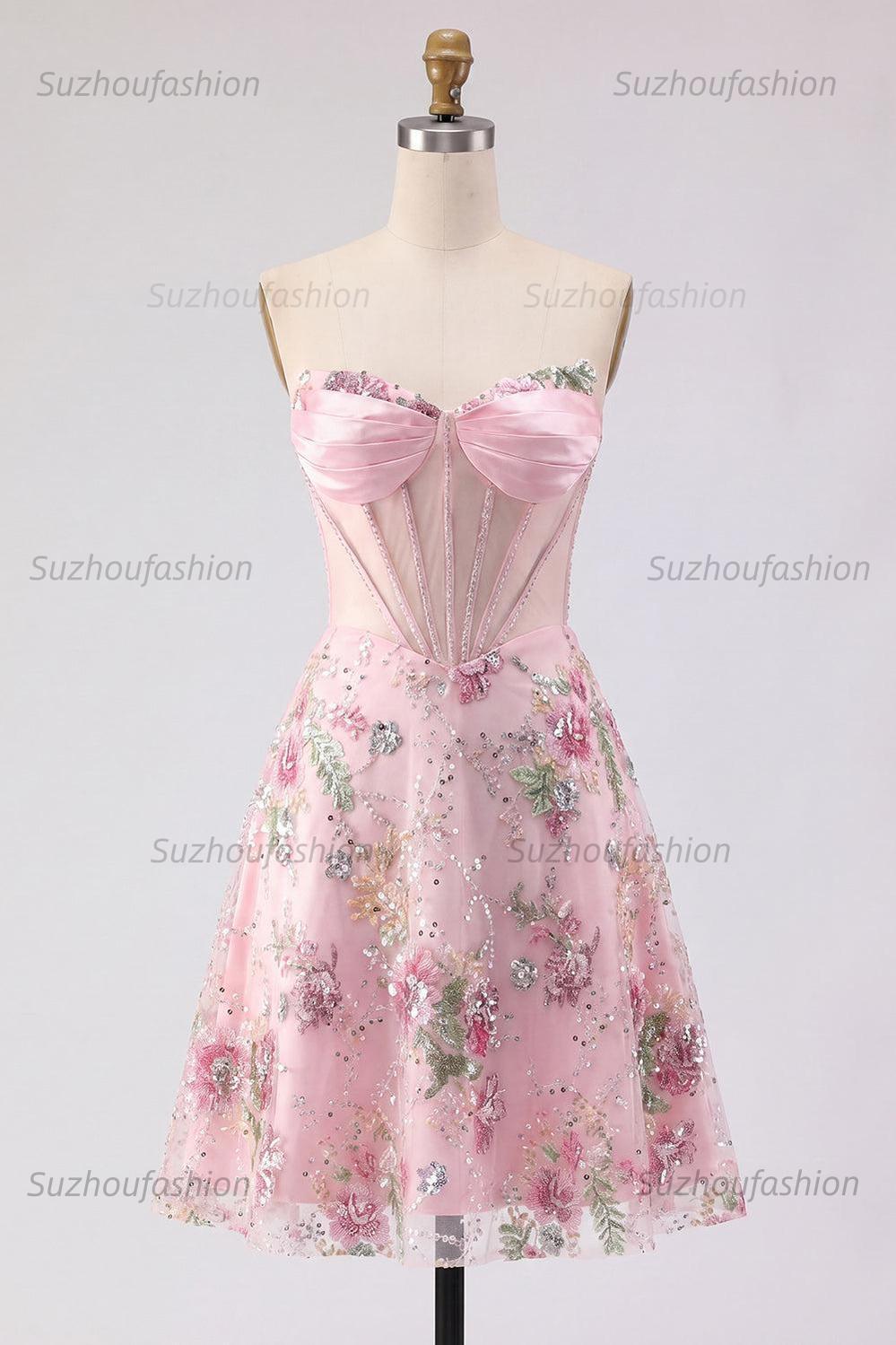 Suzhoufashion Pink Strapless Floral Beaded Corset A-Line Short Homecoming Dress