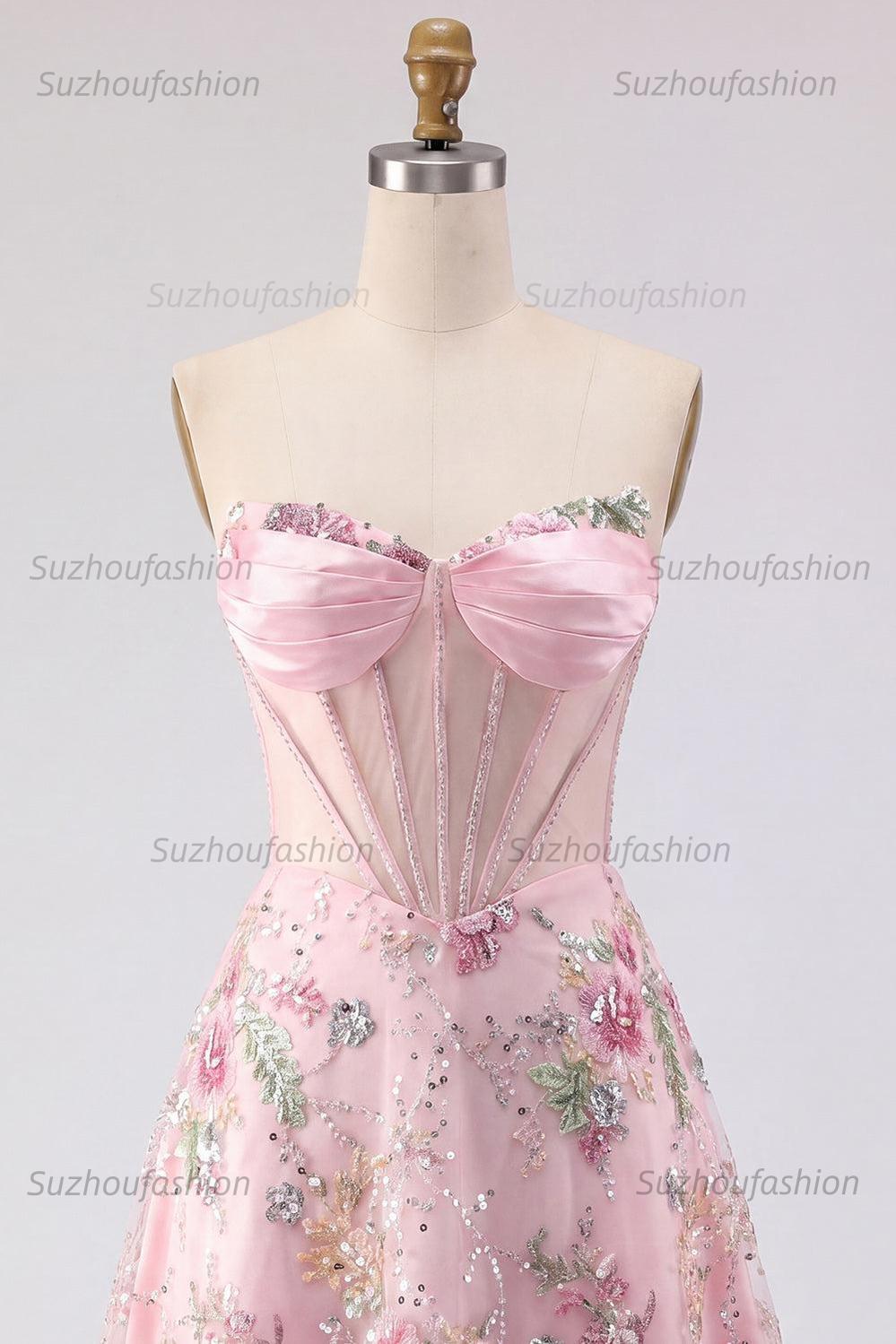 Suzhoufashion Pink Strapless Floral Beaded Corset A-Line Short Homecoming Dress