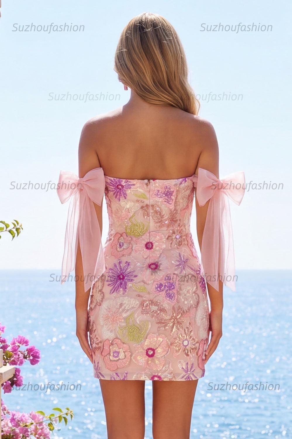 Suzhoufashion Pink Strapless Floral Beaded Tight Short Homecoming Dress with Bows