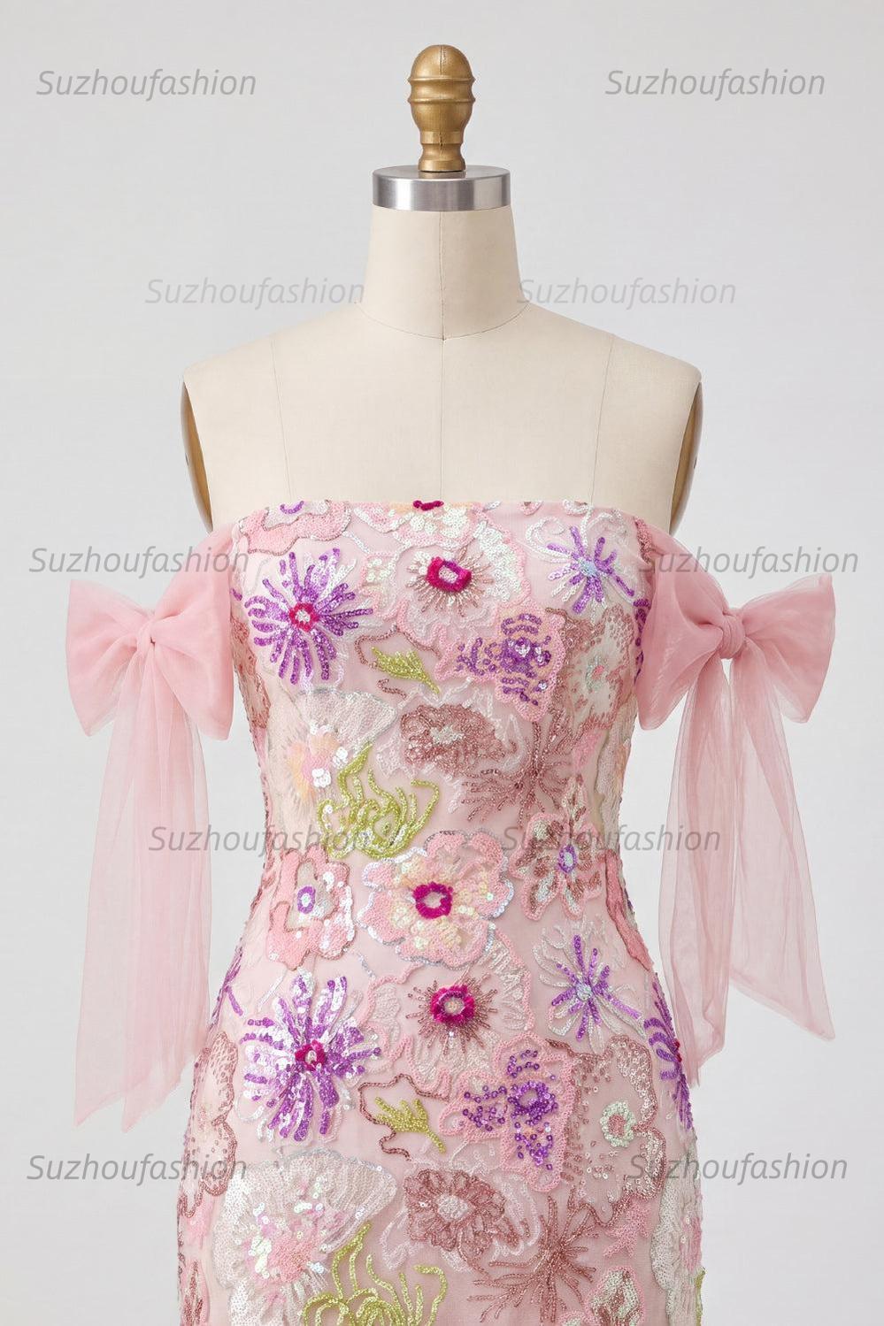 Suzhoufashion Pink Strapless Floral Beaded Tight Short Homecoming Dress with Bows