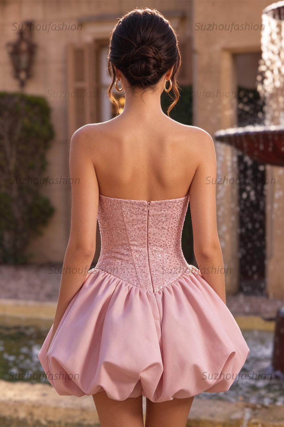 Suzhoufashion Pink Sweetheart Beaded A Line Short Corset Homecoming Dress