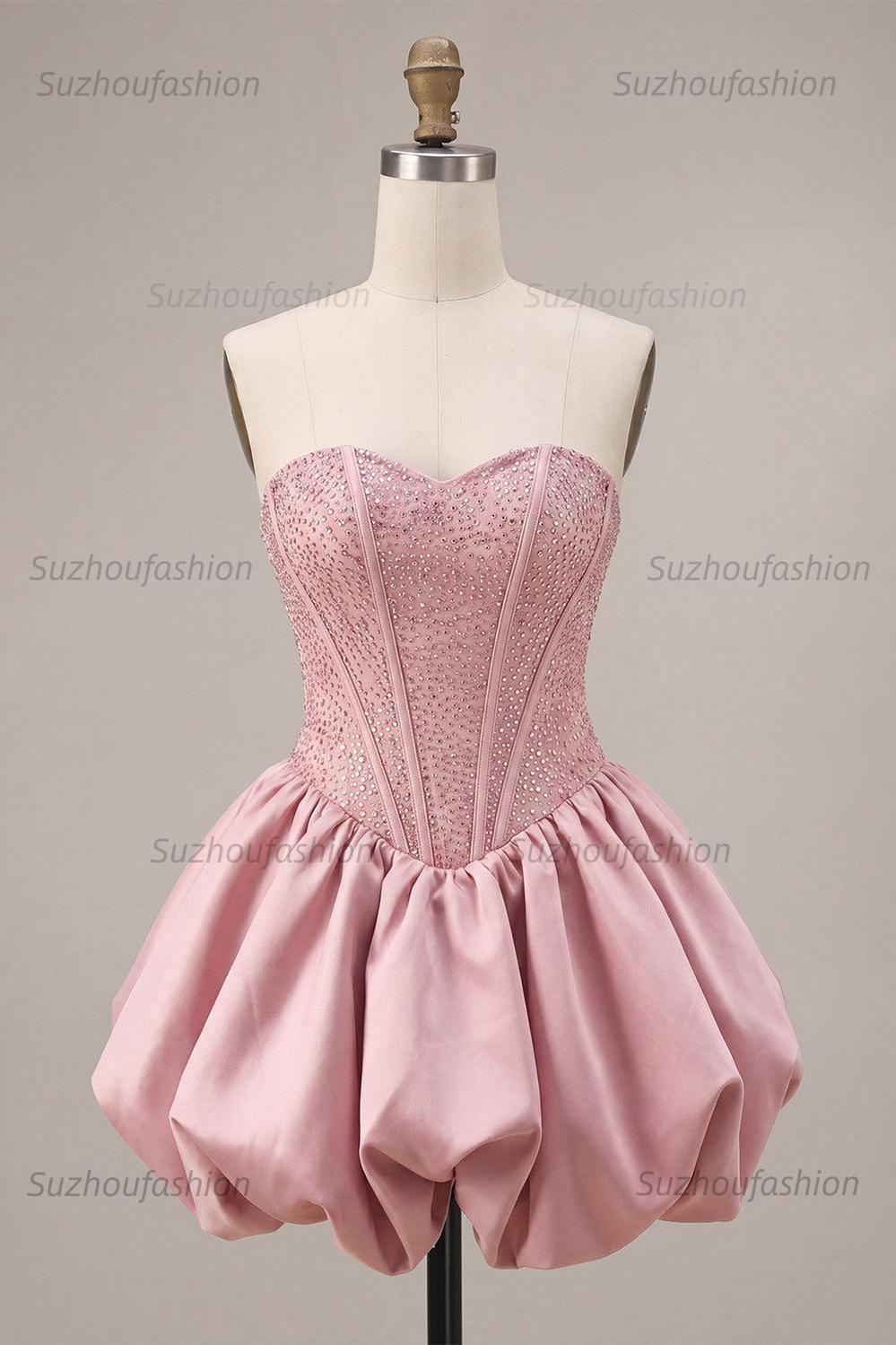 Suzhoufashion Pink Sweetheart Beaded A Line Short Corset Homecoming Dress