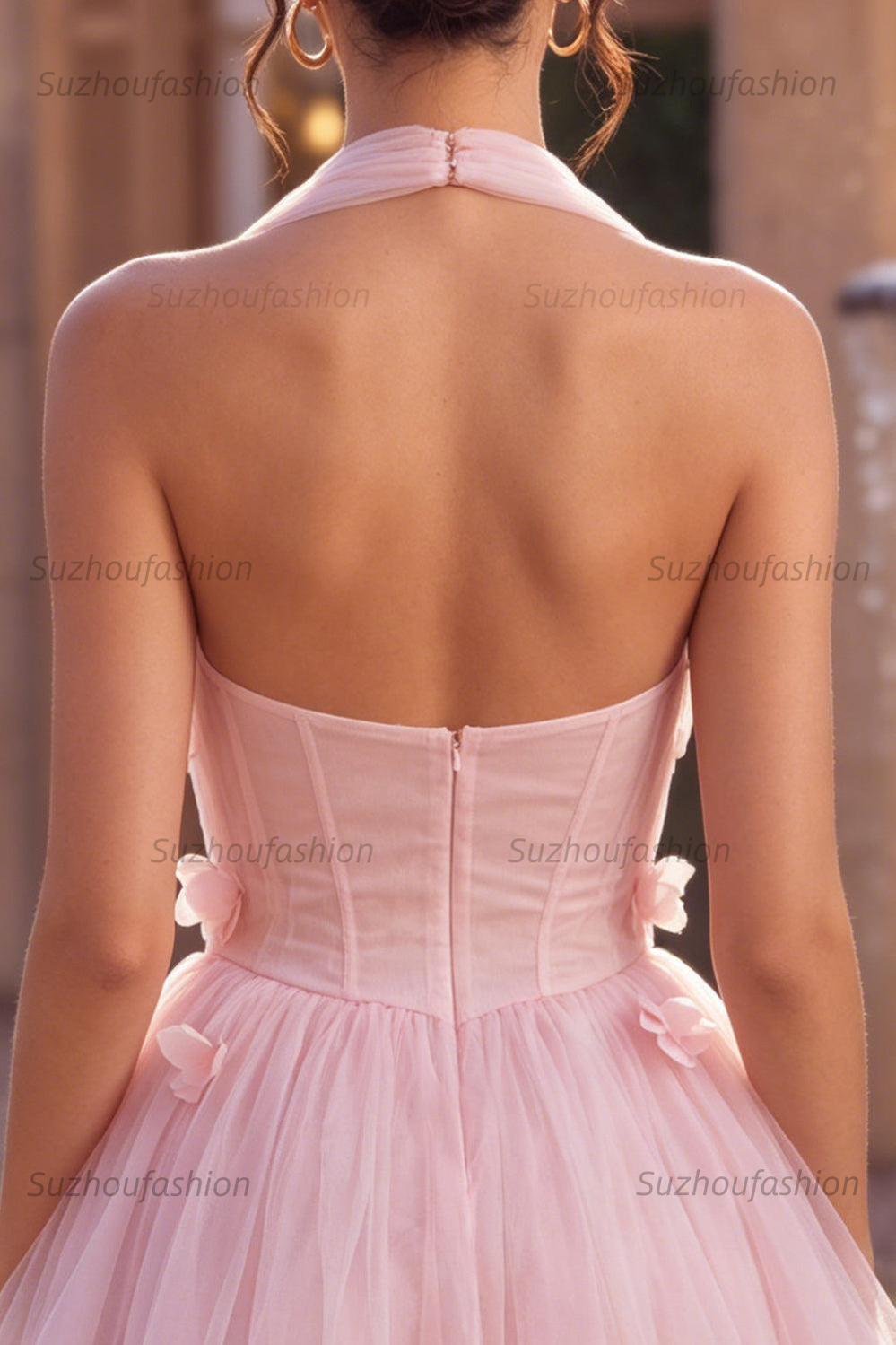 Suzhoufashion Pink Tulle A-Line Halter Short Homecoming Dress with 3D Flowers