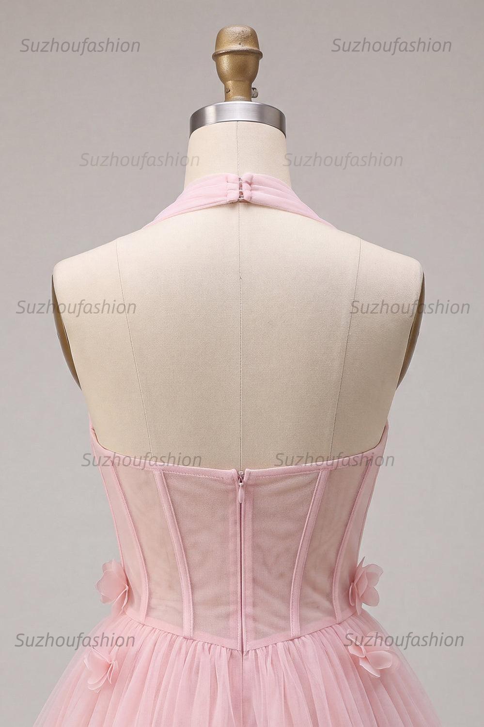 Suzhoufashion Pink Tulle A-Line Halter Short Homecoming Dress with 3D Flowers