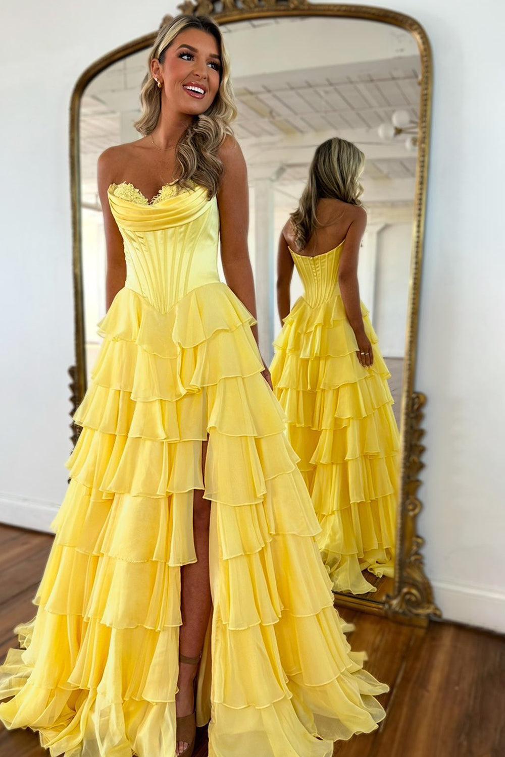 Suzhoufashion Pretty Sweetheart A-Line Satin Top Long Layered Chiffon Prom Dress With Slit Formal Evening Gown