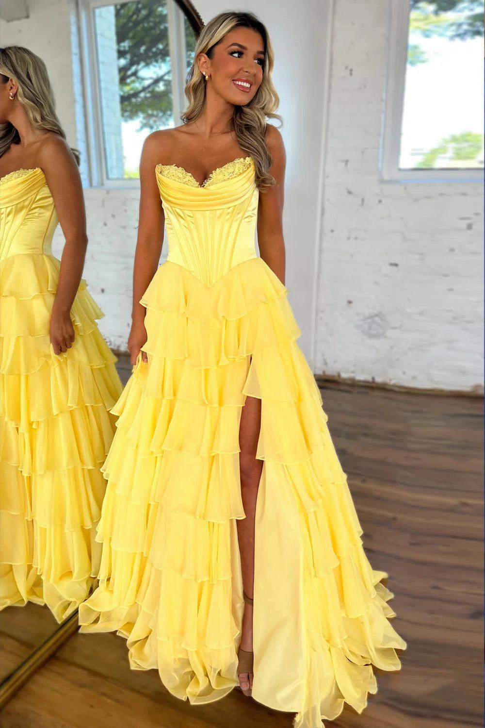 Suzhoufashion Pretty Sweetheart A-Line Satin Top Long Layered Chiffon Prom Dress With Slit Formal Evening Gown