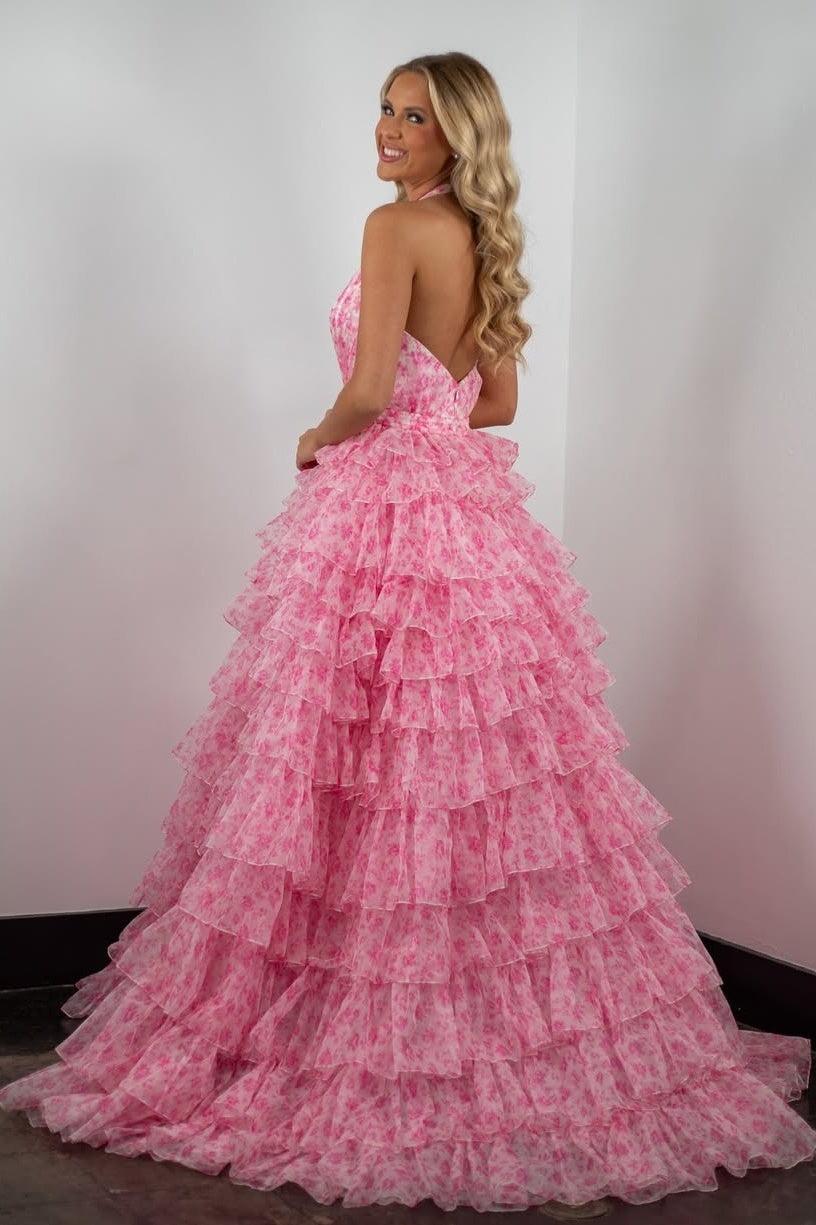 Suzhoufashion Princess A Line Halter Neck Pink Printed Tulle Long Prom Dress With Ruffles Formal Evening Gown
