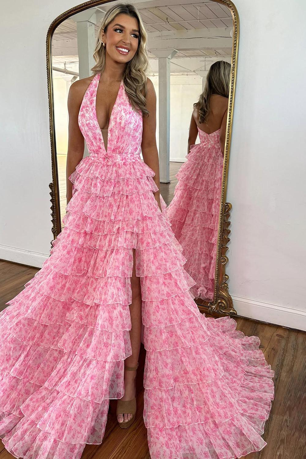 Suzhoufashion Princess A Line Halter Neck Pink Printed Tulle Long Prom Dress With Ruffles Formal Evening Gown