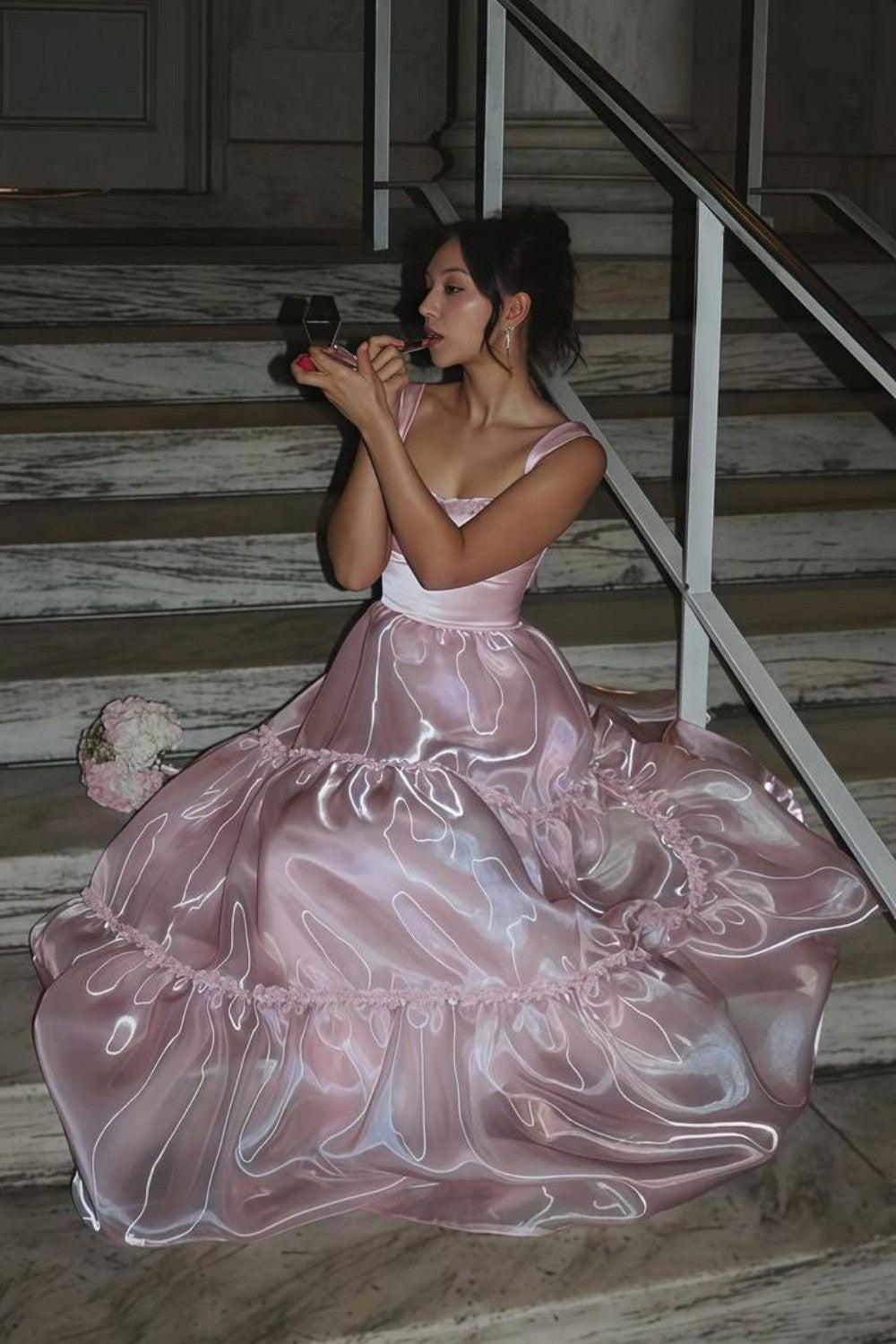 Suzhoufashion Princess A Line Spaghetti Straps Pink Long Prom Dress With Lace Ruffles Formal Evening Gown