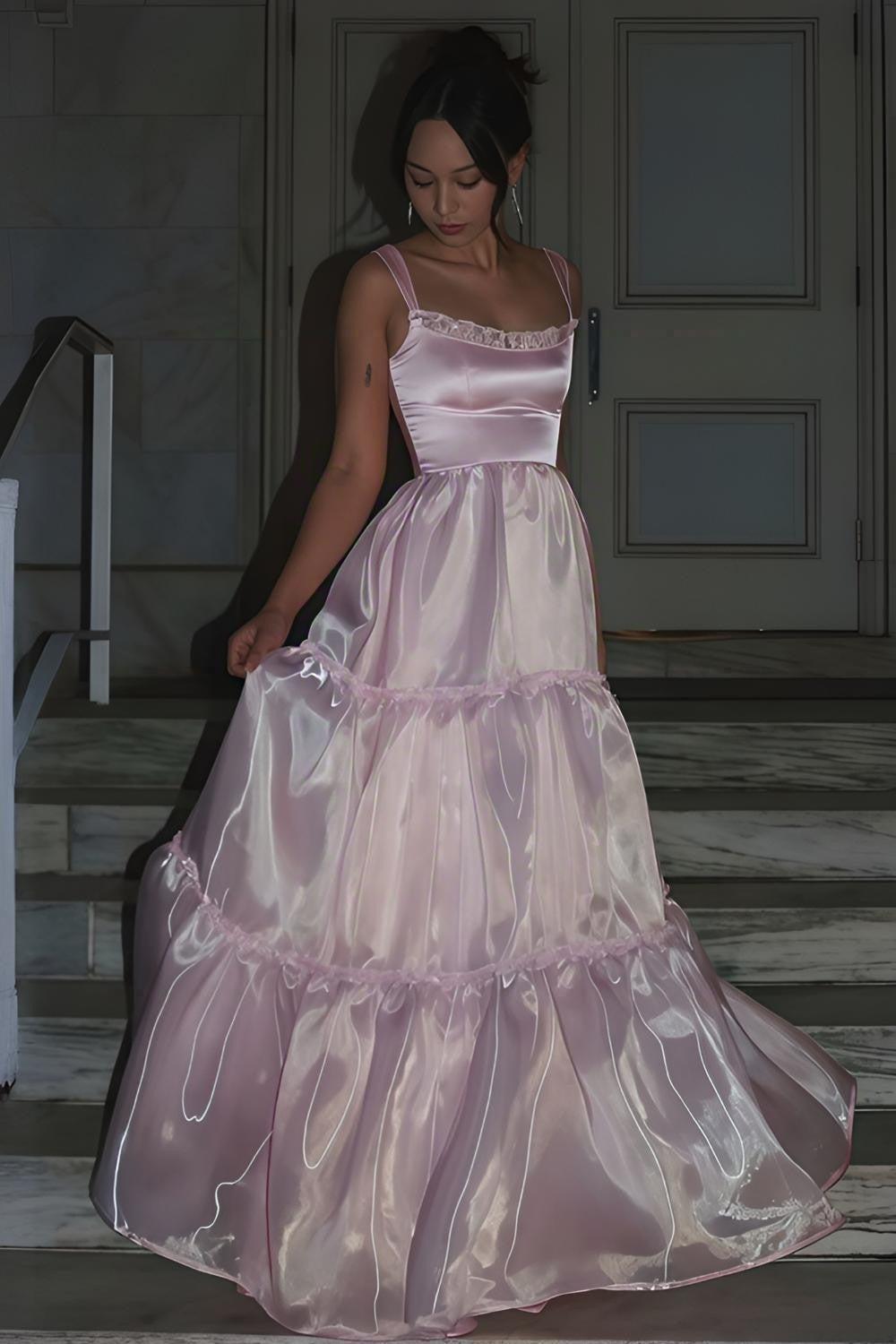 Suzhoufashion Princess A Line Spaghetti Straps Pink Long Prom Dress With Lace Ruffles Formal Evening Gown