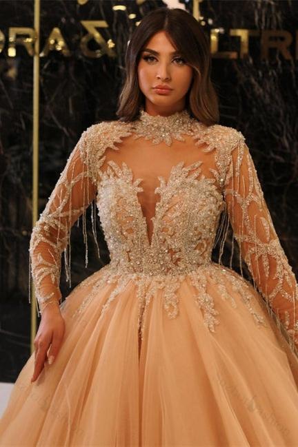 Suzhoufashion Princess Long Gold High Neck A-line Beading Evening Dresses With Long Sleeves