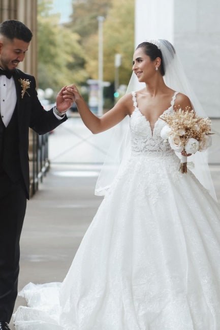 Suzhoufashion Princess White Wedding Dresses With Lace A-line V-neck Sleeveless