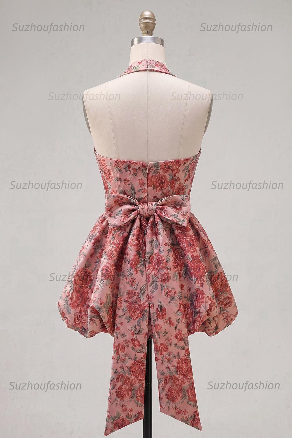 Suzhoufashion Red Floral Jacquard Halter A-Line Short Homecoming Dress with Bow