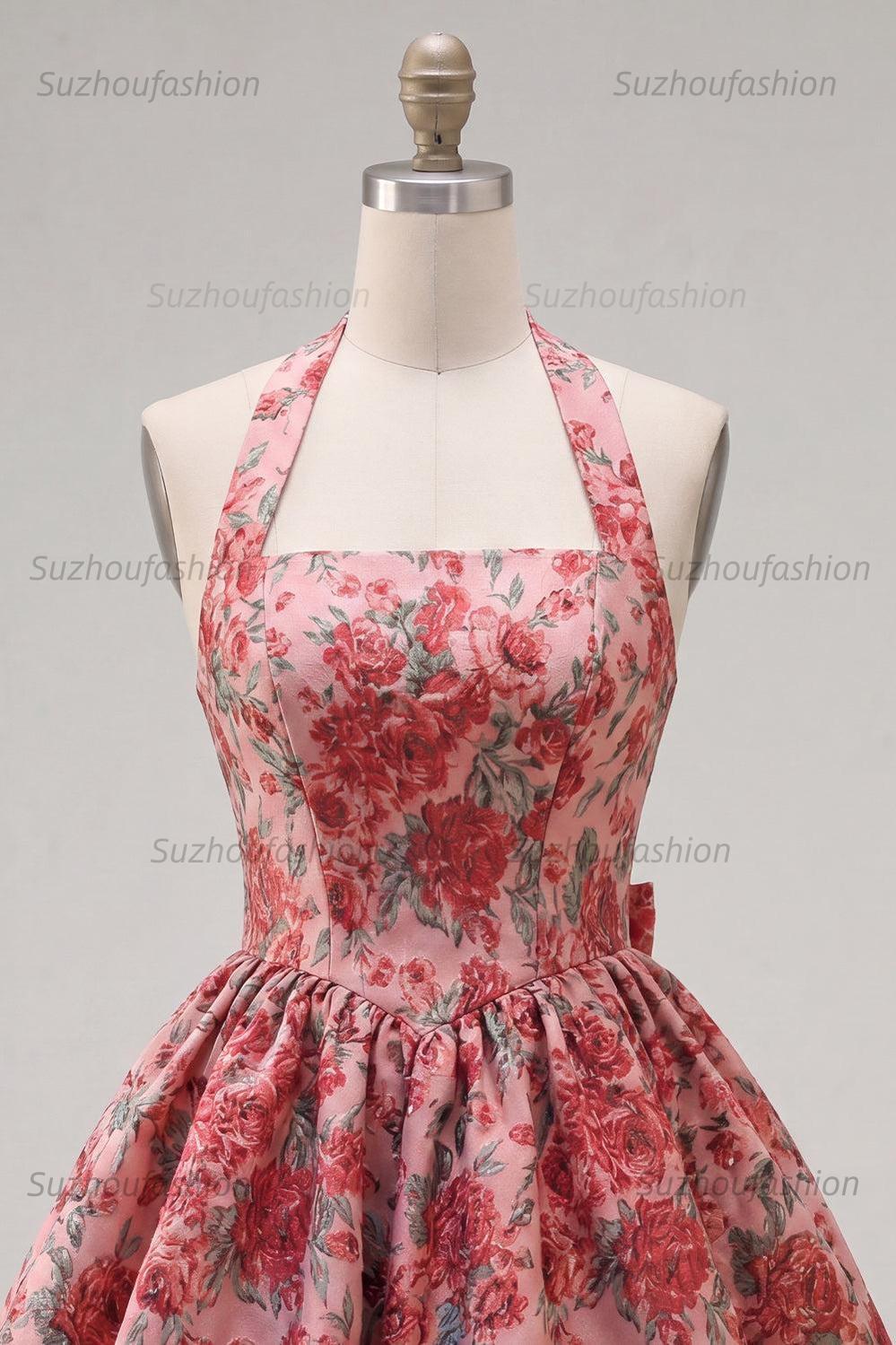 Suzhoufashion Red Floral Jacquard Halter A-Line Short Homecoming Dress with Bow