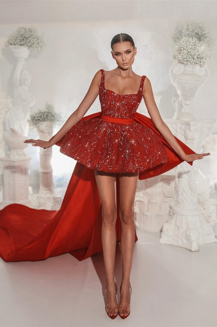 Suzhoufashion Red Lace Straps Homecoming Dresses Short Glitter Sleeveless Cocktail Dresses