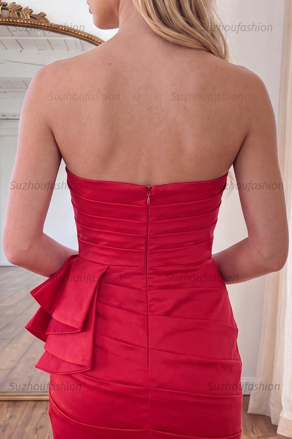 Suzhoufashion Red Ruffled Strapless Ruched Tight Short Homecoming Dress