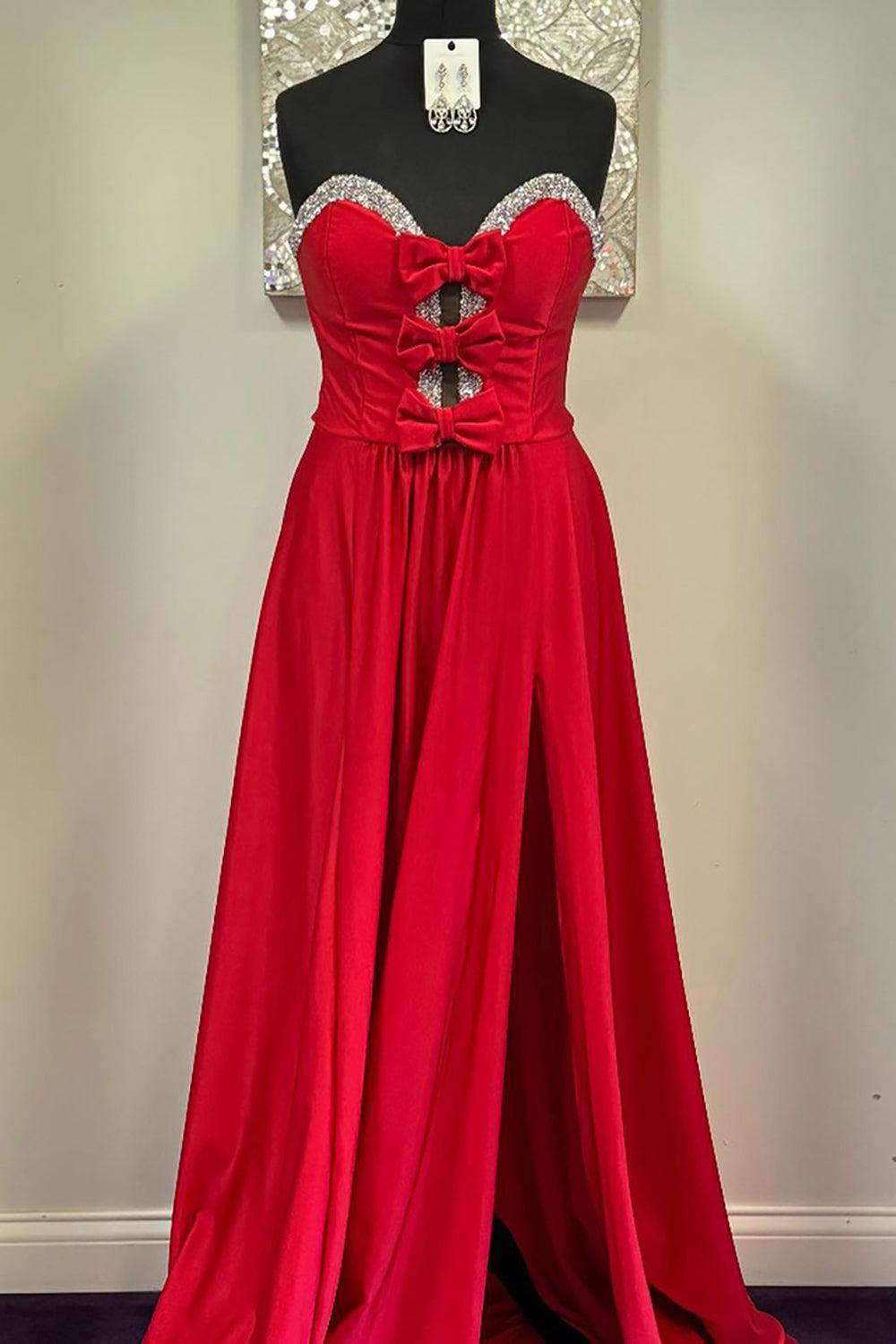 Suzhoufashion Red Satin Prom Dress Sweetheart A Line Long Formal Dress With Bows