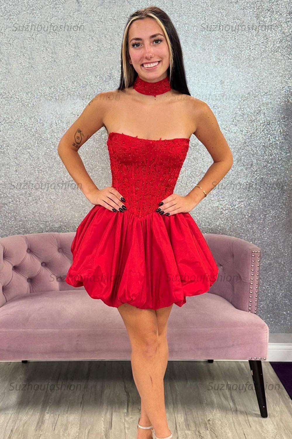 Suzhoufashion Red Strapless Satin A-Line Corset Short Homecoming Dress with Appliques