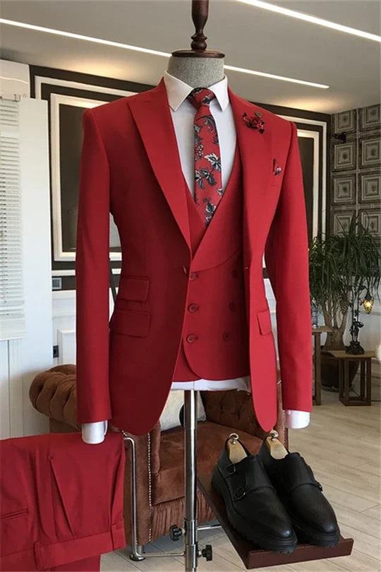 Suzhoufashion Red Three Pieces Peaked Lapel Men Suits