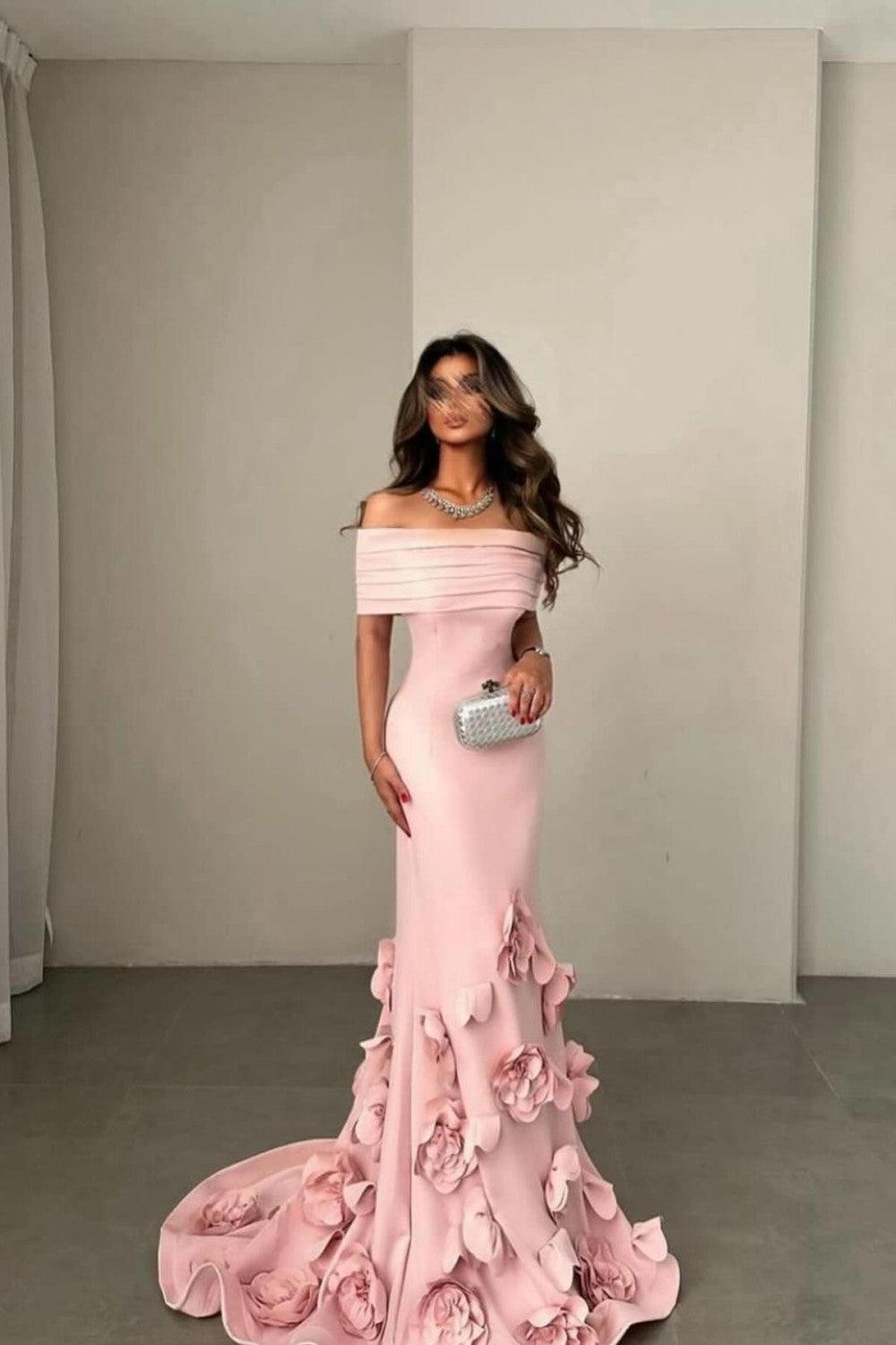 Suzhoufashion Romantic Off-Shoulder Pink Mermaid Prom Dress With Floral Train Formal Evening Gown