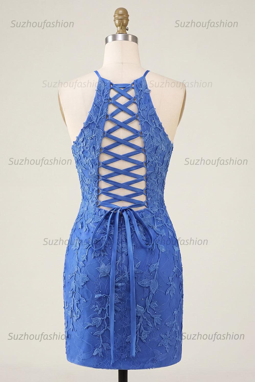 Suzhoufashion Royal Blue Lace Appliqué Beaded Halter Tight Short Homecoming Dress