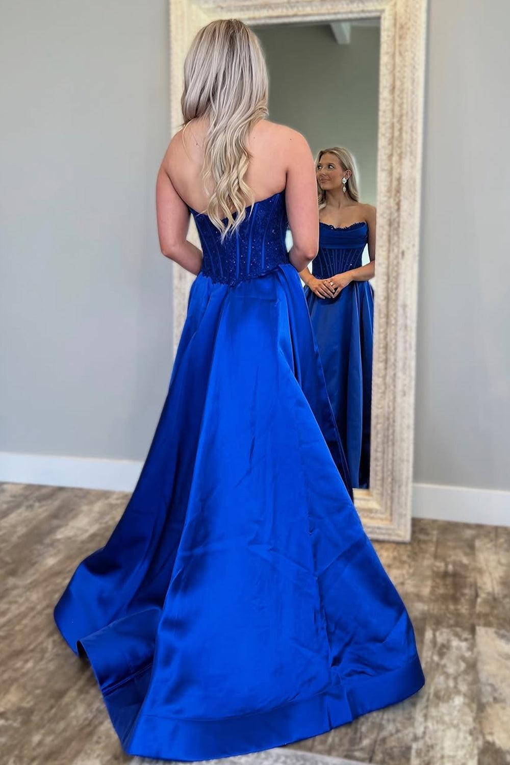 Suzhoufashion Royal Blue Satin Gown With Strapless Glitter Bodice A-Line Silhouette Prom Dress Formal Evening Gown